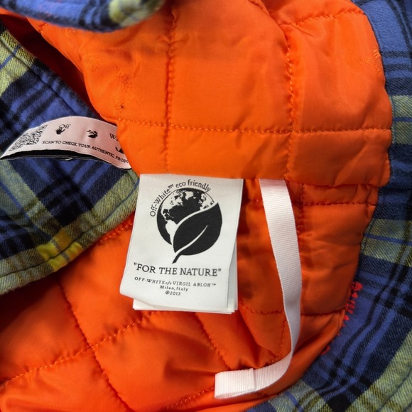 Designer Off-White Arrow Logo Puffer Jacket Mens Size XS Oversized Plaid Blue - Picture 10 of 14